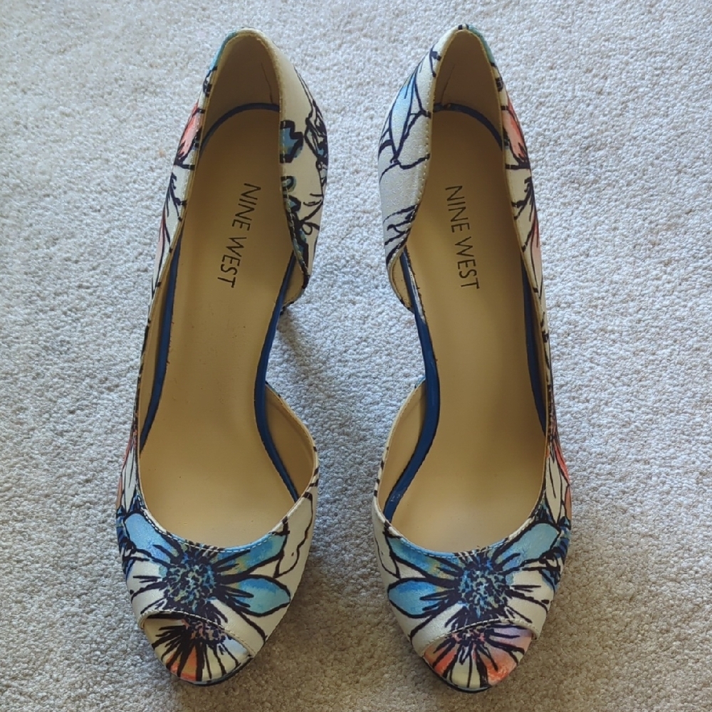 NWOT Nine West Constance Cream, Blue and Orange Floral Peep Toe Heels, Sz 7.5 - Picture 2 of 8